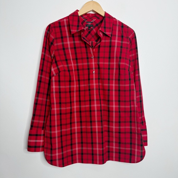 NWOT Talbots 1/4 Button Popover Top Plaid Non Iron Blouse Red Black‎ Size 6 - Picture 1 of 9